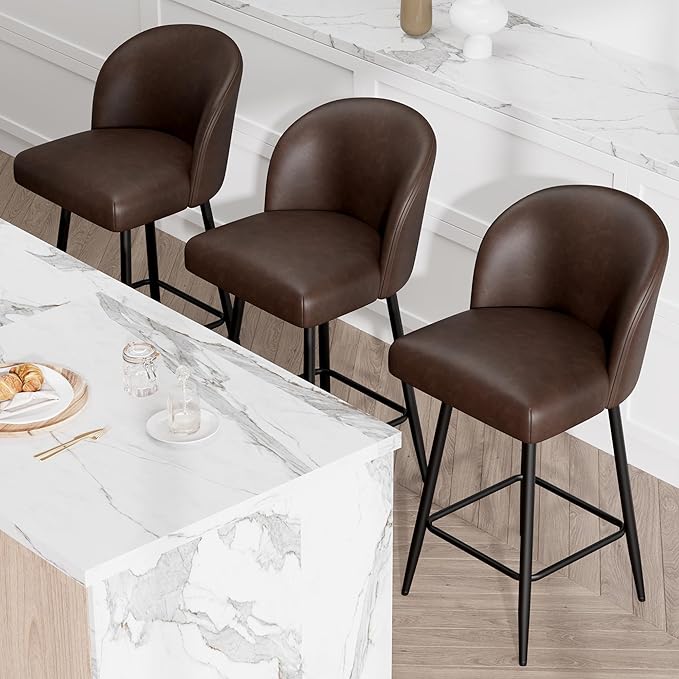 Counter Height Bar Stools Set of 4,360° Swivel Barstools with High Back and Metal Legs,26" Seat Height, Upholstered PU Leather Bar Chairs for Kitchen Island, Dining Room,Cafes,Black Brown