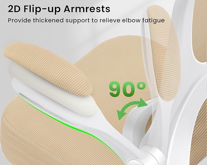 Ergonomic Office Chair, Comfy Desk Chair with Adjustable Lumbar Support, Mesh Computer Chair with Wheels, Flip-up Armrests, Swivel Rolling Executive Chair for Home Office, Gaming, Khaki