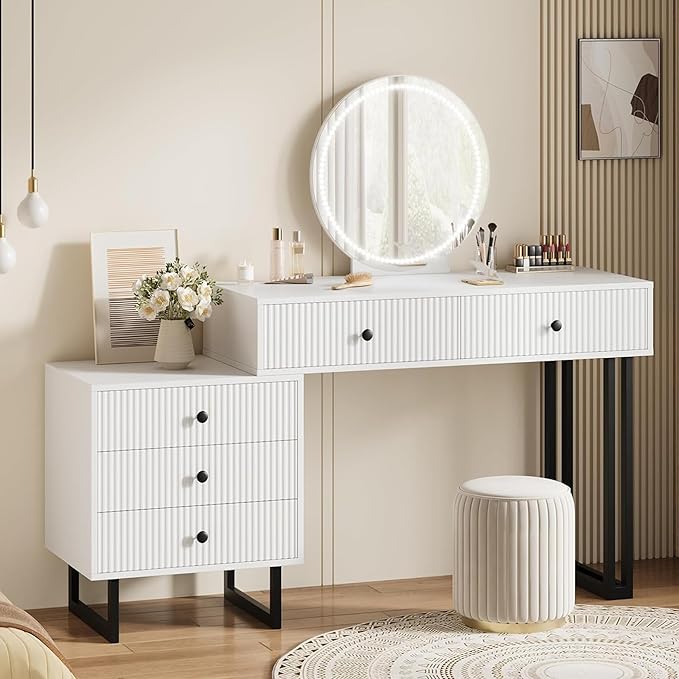 IDEALHOUSE Vanity Desk with Mirror and Lights, 49.2”H Makeup Vanity with 3 Color Lights and Adjustable Brightness, Bedroom Vanity Table with 5 Drawers, White