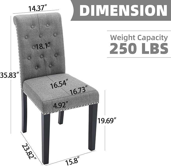 Westice Dining Room Chairs Set of 8 Upholstered Fabric Kitchen Chairs Dining Room Side Chair with Nailhead Trim and Rubber Wood Legs for Small Space Apartment, Gray
