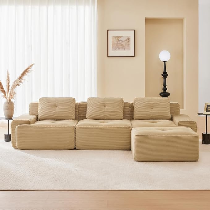 115" Modern Corduroy Cloud Sofa with Ottoman, L Shaped Boneless Modular Large Sectional Couches for Living Room, Camel 3 Seater Compressed Memory Foam Couch, Extra Deep Seat, No Assembly