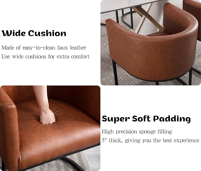Faux Leather Dining Chairs Set of 3 Modern Barrel Arm Chairs with Black Metal Frame, Upholstered Kitchen Chairs 18.5" Wide Accent Chairs for Living Room Dining Room Restaurant, Brown
