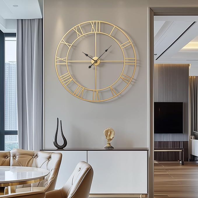 Cuspin Large Wall Clock 36 Inch Gold Wall Clock Battery-Operated, Modern Metal Roman Numeral Decorative Clock for Living Room Decor, Dinning Room, Office, Kitchen, Mantel, Home Decor