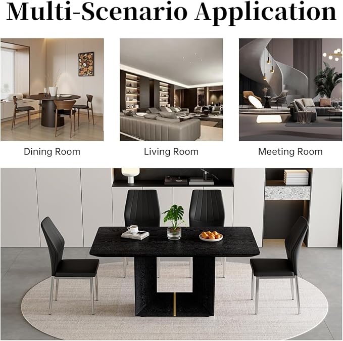 63" Modern Black Dining Table Set for 6 with Chairs, 7 Piece Rectangular Dining Room Table and 6 PU Leather Chairs, Kitchen Dining Set with Matte Wood Finish, Geometric Base, Easy Assembly