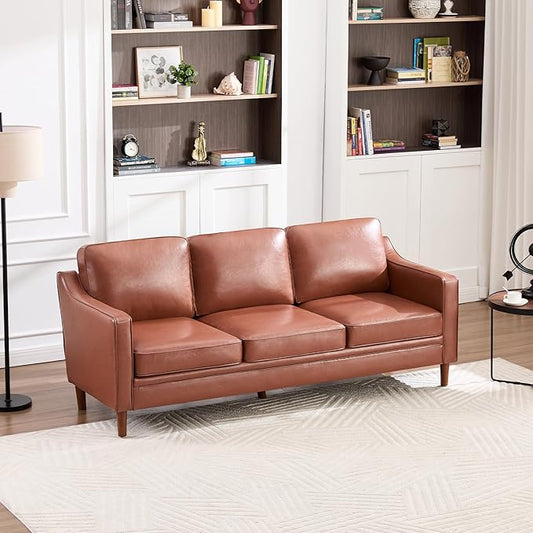 Kingfun 80" Faux Leather Sofa, 3 Seater Couch, Mid Century Modern Couches with Solid Wood Frame for Living Room & Bedroom, Dark Brown