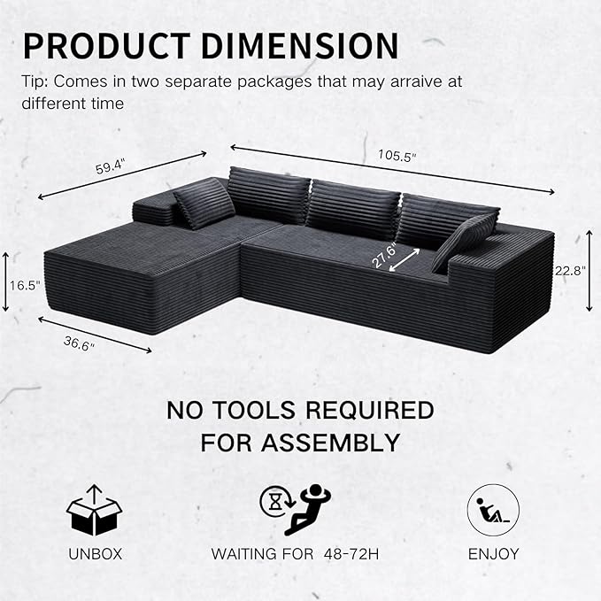 105.5" Modular Sectional Sofa L Shape for Bedroom, Modular Cloud Sofa with Deep Seat for Living Room, Upholstered Couches No Assembly Required Black, Left Facing Chaise