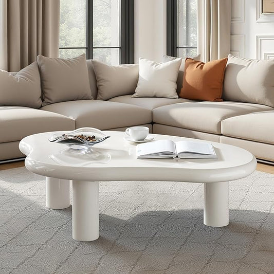 HULALA HOME Modern Cloud-Inspired Coffee Table with Asymmetrical Lacquered Top, Adjustable Legs & Rounded Corners, 50.5”W Contemporary Center Table for Living Room/Office, Holds 110 LBS, Easy Assembly
