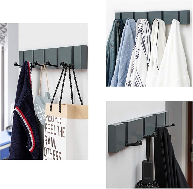 Grey Modern Wall Mounted Coat Rack, Folding Hooks, Sleek Space-Saving Hanger for Coats, Keys - 6 Hooks