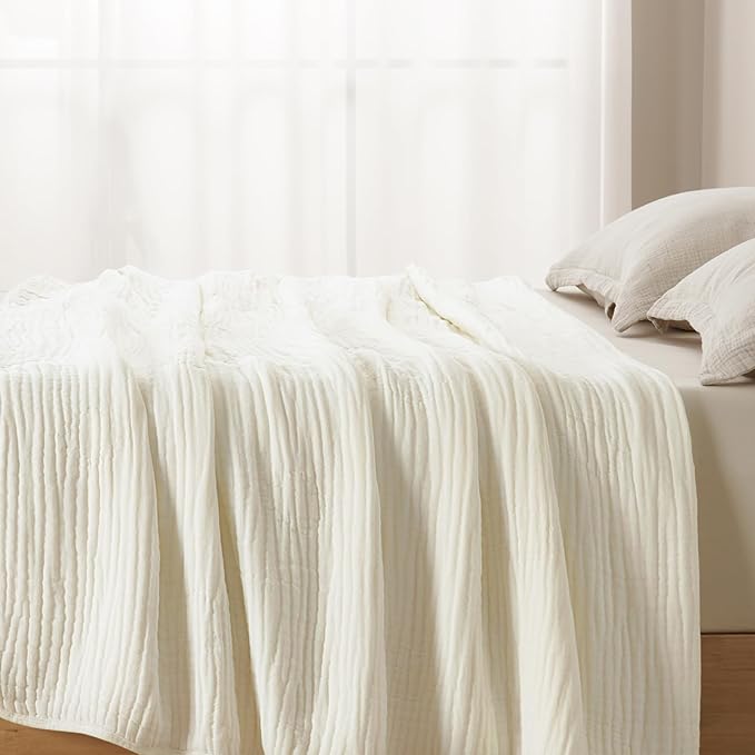 PHF Cooling Muslin Blanket Twin Size 60"x80", 6-Layer Lightweight Gauze Blanket Made from 35% Rayon Derived from Bamboo & 65% Cotton, Breathable & Ultra Soft Cozy, Aesthetic Home Decor, Snow White
