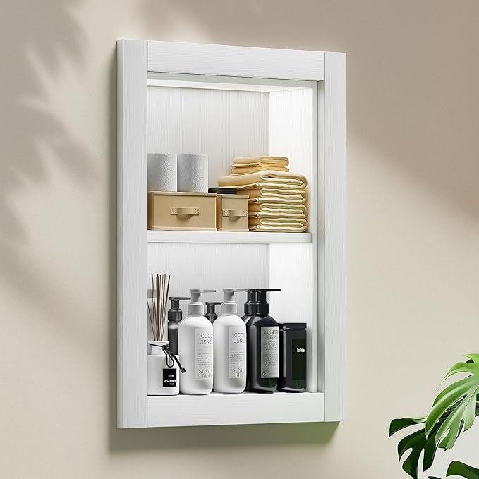 14x18 Recessed Medicine Cabinet, 2 Tiered Wood Bathroom Wall Niche, Water-Proof Recessed Wall Niche Medicine Cabinet Replacement, for Living Room, Bathroom Storage, White