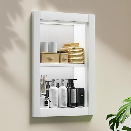 14x18 Recessed Medicine Cabinet, 2 Tiered Wood Bathroom Wall Niche, Water-Proof Recessed Wall Niche Medicine Cabinet Replacement, for Living Room, Bathroom Storage, White