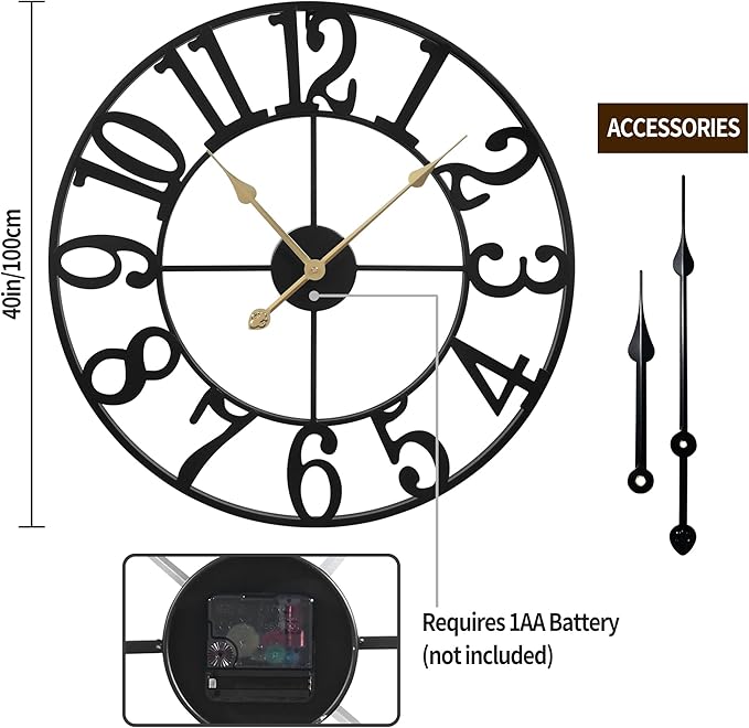 1st owned Wall Clock 40 Inch Round Large Indoor Wall Clocks Battery Operated Silent Non Ticking, Farmhouse Vintage Decorative Analog Metal Clock for Living Room, Kitchen, Bedroom Decor