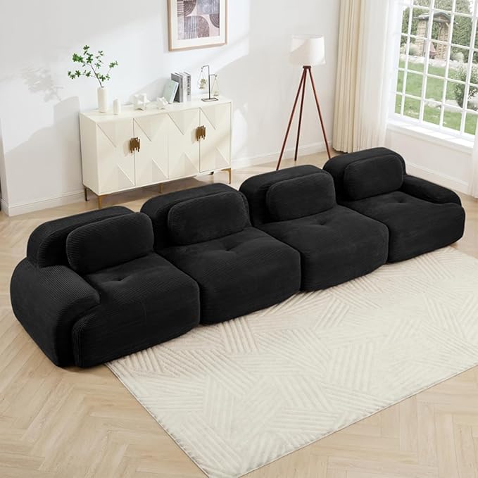 152" Modern Compressed Boneless Couch, 4 Seater Sectional Couches for Living Room, Black Corduroy Cloud Modular Sectional Sofa, Comfy Memory Foam, Extra Deep, Sofas para Sala, No Assembly