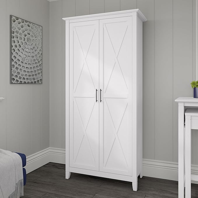 Bush Furniture Key West Tall Storage Cabinet with Doors and Shelves in Pure White Oak, 2 Door Organizer for Home Office, Living Room, Entryway