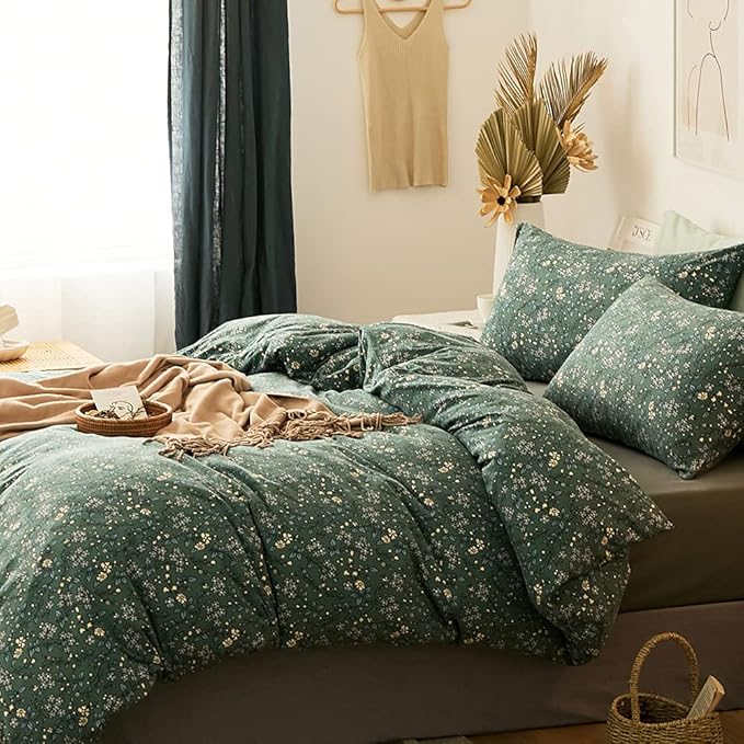 LifeTB Green Floral Duvet Cover Jersey Knit Cotton Duvet Cover King Size Vintage Flower Botanical Bedding Set Soft T Shirt Cotton Comforter Cover Chic Garden Style Bedding Cover with 2 Pillowcases