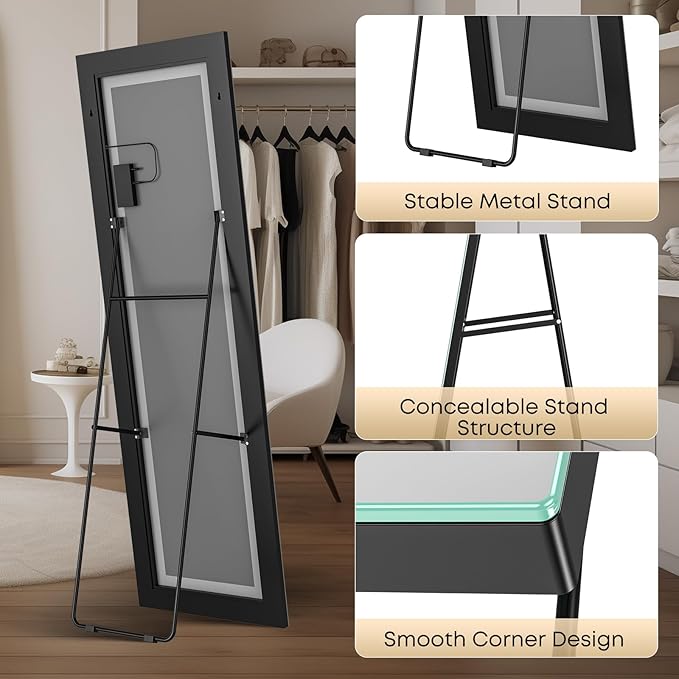 Kosmonia 65x22 Frameless Full Length Mirror, Dimmable 3 Color LED Light w/Memory Function, Distortion Free, HD Reflection & Anti Desilvering, Tempered Glass & Shatter Proof Film Doubling Safety