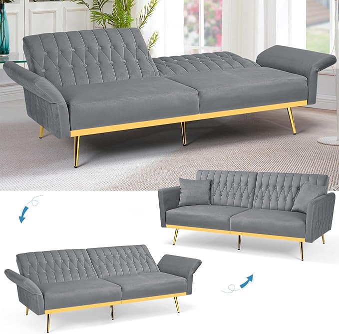 70” Velvet Futon Sofa Bed with 2 Pillows and Adjustable Armrests, Convertible Sleeper Bed W/Adjustable Backrests, Modern Loveseat for Living Room, Bedroom, Light Grey