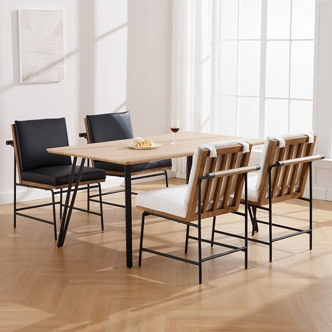 DUOMAY Mid-Century Modern Dining Chairs Set of 6, Sherpa Upholstered Side Chair with Rear Handle, Armless Chair with Metal Legs for Kitchen Dining Room Living Room Vanity, White
