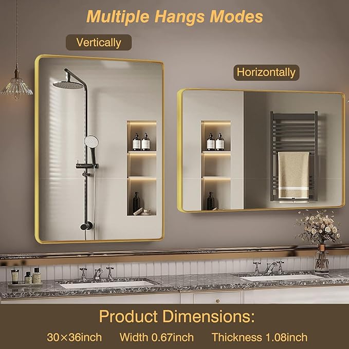 Gold Framed Mirrors for Bathroom,48 x 30 Inch Rounded Conner Rectangle Mirror for Wall, Matte Gold Vanity Mirror with Tempered Glass,Anti-Rust,Hangs Horizontally or Vertically