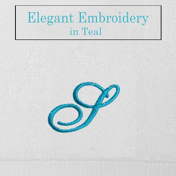 White Monogrammed Hand Towels for Bathroom - Luxury Hotel Quality Personalized Initial Embroidered Towel for Powder Room, Spa - GOTS Organic Certified - Pack of 2 Teal, Letter S