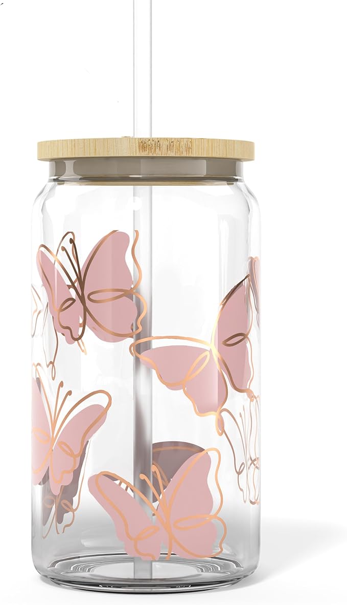 Butterfly 16 oz Mason Jar Cups | Bamboo Lids & Straws | Glass Cups for Iced Coffee, Boba & Smoothies