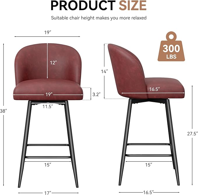 Counter Height Bar Stools Set of 4,360° Swivel Barstools with High Back and Metal Legs,26" Seat Height, Upholstered PU Leather Bar Chairs for Kitchen Island, Dining Room,Cafes,Red