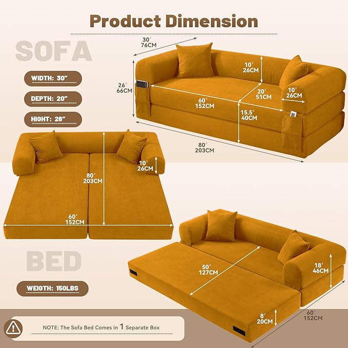 80" Convertible Sofa Bed,Folding Pull Out Couch with Pillows & Storage Pocket,Modular Corduroy Queen Sleeper Sofa in a Box,No Assembly Boneless Couch for Living Room,Yellow