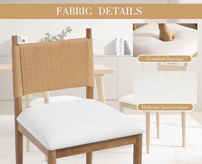 CIMOTA Modern Dining Chairs Set of 2, Mid Century Upholstered Dining Room Chairs with Woven Back, Armless Kitchen Chairs with Natural Solid Wood Legs, Linen Beige