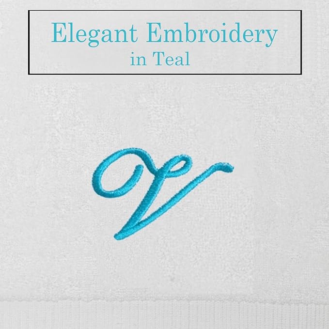 White Monogrammed Hand Towels for Bathroom - Luxury Hotel Quality Personalized Initial Embroidered Towel for Powder Room, Spa - GOTS Organic Certified - Set of 2 Teal Letter V