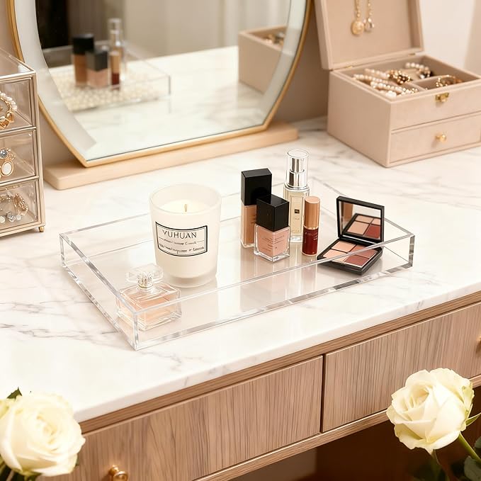 Clear Acrylic Tray 5mm Thicken for Vanity Makeup, Perfume, Jewelry Holder, Napkin, 7.9x4'' Decorative Serving Tray for Bathroom, Toilet Tank, Sink Countertop, Living Room,Dresser, Coffee Table,Wedding