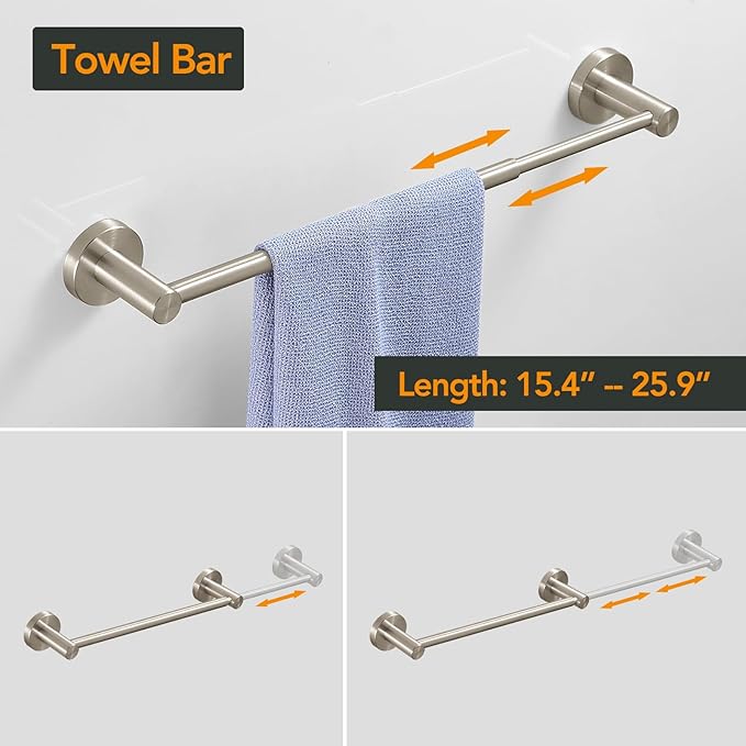BESy 4 Piece Bathroom Accessories Set (Adjustable 16 to 26 Inch Towel Bar, Towel Ring, Toilet Paper Holder,Towel Hook), Wall Mounted Bath Hardware Accessory Fixtures Set,Stainless Steel/Brushed Nickel
