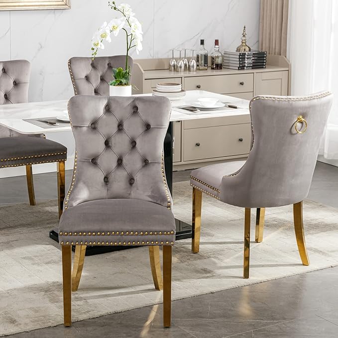 Luxury Upholstered Dining Chairs Set of 8, Grey Kitchen Chair with Golden Metal Legs, Velvet Tufted Back Dining Chair, Sillas de Comedor, Modern Kitchen & Dining Room Chairs (Gray, 8 Pcs)