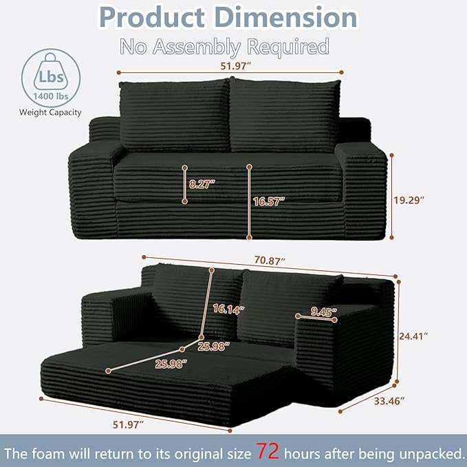 70.87" Loveseat Sofa Bed - Corduroy Upholstered, Comfy Deep Seat & Modern Design - Small Space Friendly, No Assembly Needed - Ideal for Living Room, Bedroom, Apartment, Home Office, Grey