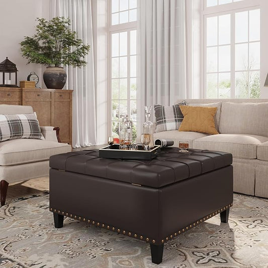 Square Leather Ottoman with Storage, Faux Leather Coffee Table with Lift Top,Large Upholstered Footrest Stool Toy Box Storage Bench for Bedroom Living Room, Chocolate