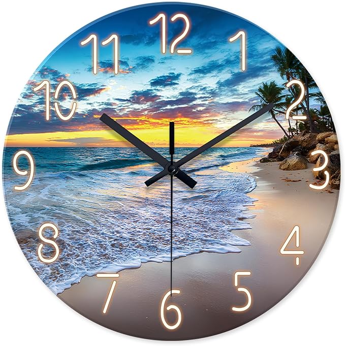 Beach Clocks Wall Decor Glass Modern Coastal Wall Clock Silent Non Ticking Blue Ocean Wall Clock Battery Operated 14 Inch