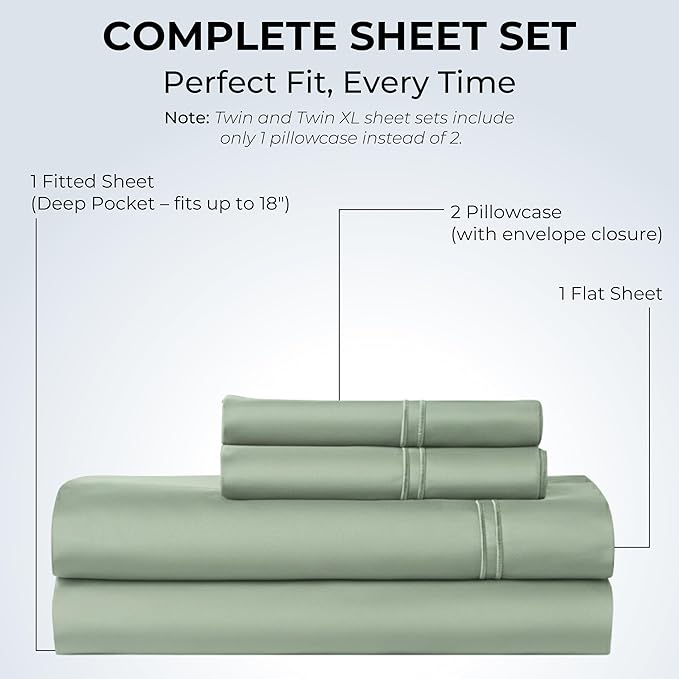 100% Natural Cotton Bed Sheets | 500 TC Single-Ply Sateen Weave King Size Sheets Set | Breathable & Hypoallergenic Solid 4-Piece Bedding with Deep Pocket Fitted, Flat, Pillowcase | Sage