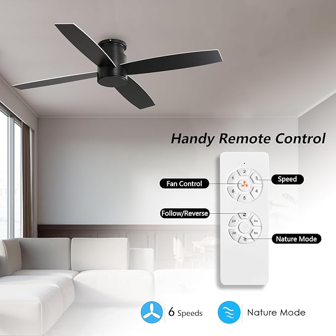 WINGBO 44" Flush Mount DC Ceiling Fan without Lights, 4 Reversible Plywood Blades, Quiet 6-Speed DC Motor, Hugger Low Profile Ceiling Fan No Lights for Bedroom, Black Finish