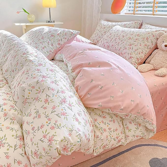 Vintage Style Pink Floral Duvet Cover King Cotton Garden Flower Duvet Cover Boho Cottagecore Bedding Set Chic Botanical Duvet Cover with 2 Pillowcases White Floral Comforter Cover King Bedding Set