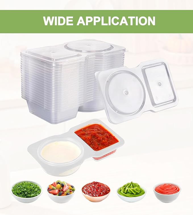 Blueash 50 Sets Reusable Snack Containers, Double Compartment Dipping Containers with Lid for Sauces,Fruits,Vegetabble,Travel Picnic