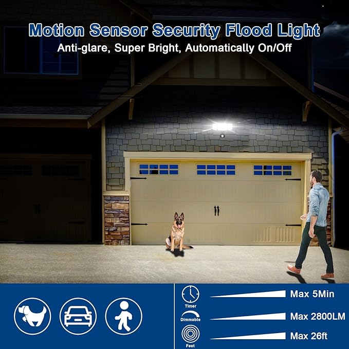 EMANER Outdoor Security Light Remote Control, 280W Equiv. Motion Sensor Floodlight, Keep On or Motion Activated, Tunable White, 110V Dimmable Wall Light for Garage (Black, 1-Pack)