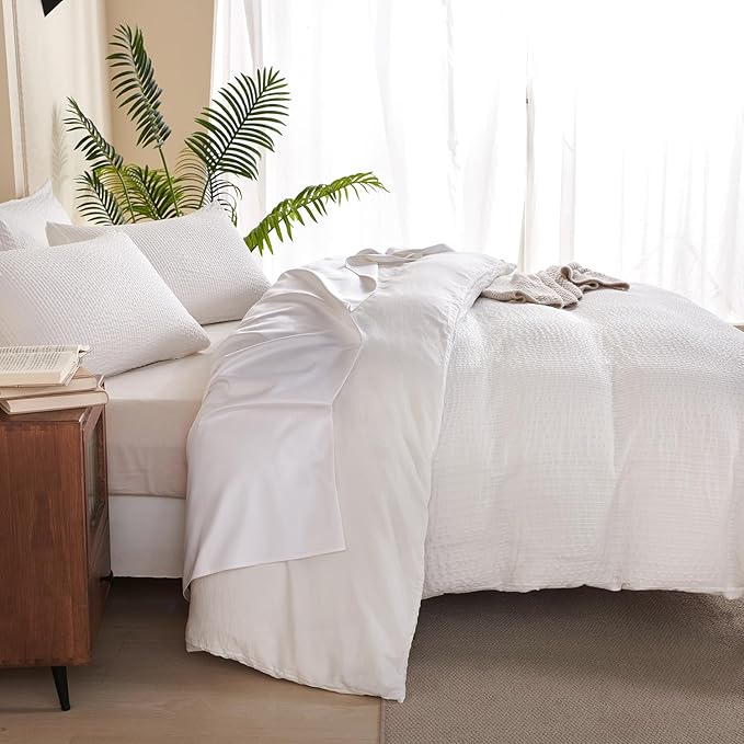 White Comforter King Set Striped 100% Soft Washed Microfiber Jacquard 3 Pieces Striped Bedding Sets White Comforter for All Seasons and 2 Pillowcases Comfort Breathable