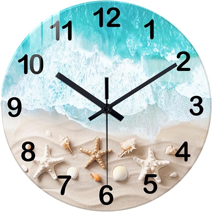 XNM 20 Inch Glass Large Wall Clocks for Living Room Decor Battery Powered Blue Beach Clock Analog Non Ticking Wall Clock Silent