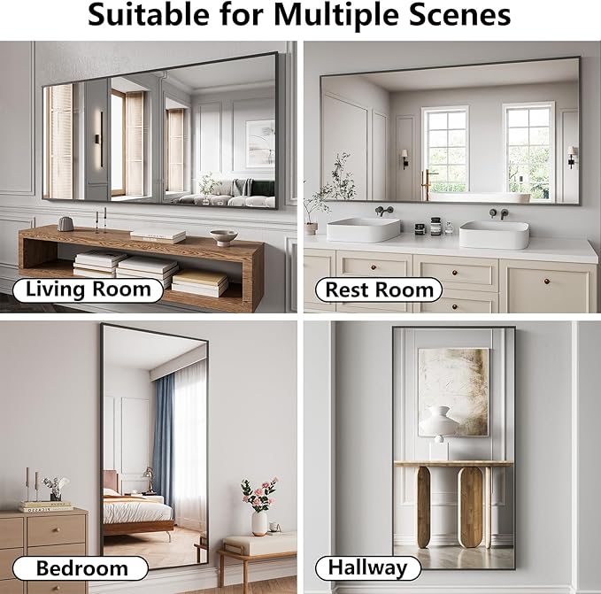 Koonmi Bathroom Mirror 36x71 Matte Black Bathroom Wall-Mounted Mirrors, Modern Rectangle Vanity Mirror, HD Tempered Glass, Aluminum Alloy Frame Allow to Hang Horizontally or Vertically