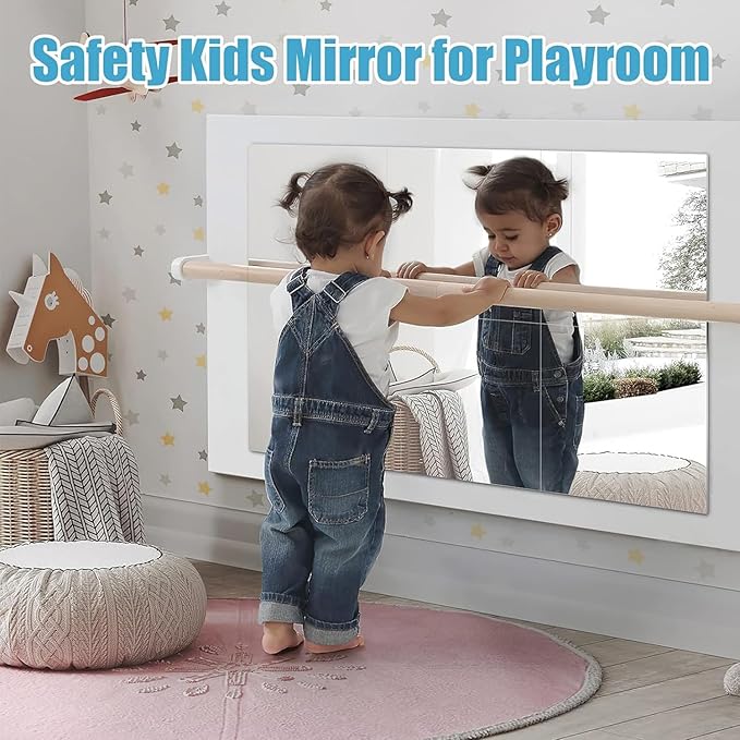 Full Length Wall Mirror Tiles, 8"x 8" x 4 Pcs Acrylic Mirror Wall-Mounted, Shatterproof Non Glass Safety Mirrors Great for Baby Kids Playroom
