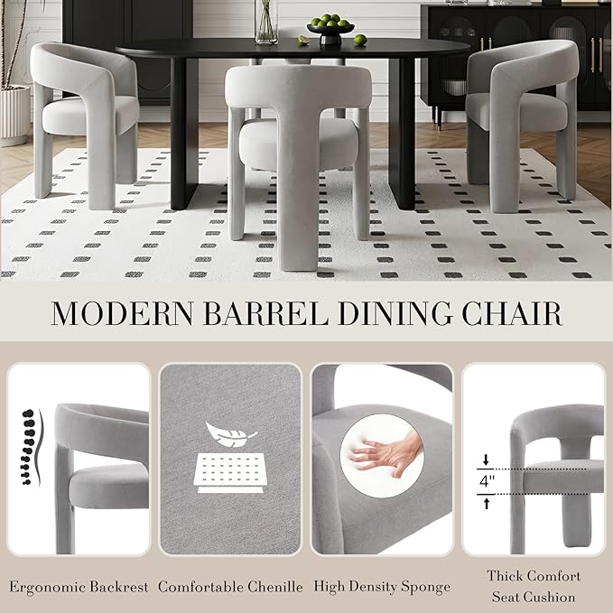 Modern Chenille Dining Chairs Set of 4, Upholstered Barrel Chairs with Arms Comfy Accent Side Chairs for Living Room/Dining Room/Reception, Grey