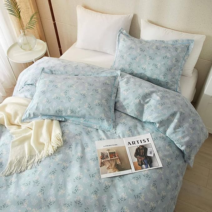 EAVD Blue Floral King Size Comforter Set Soft Lightweight Microfiber Chic Shabby Garden Floral Bedding Set with 2 Pillowcases Fresh Botanical Comforter Set for All-Season