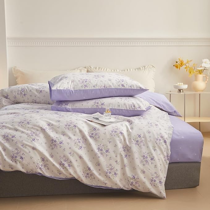 EAVD Garden Purple Floral Comforter Set Queen White Soft Microfiber Chic Shabby Small Floral Bedding Comforter Set 1 Queen Comforter and 2 Pillowcases Fresh Botancial Comforter Set for All-Season