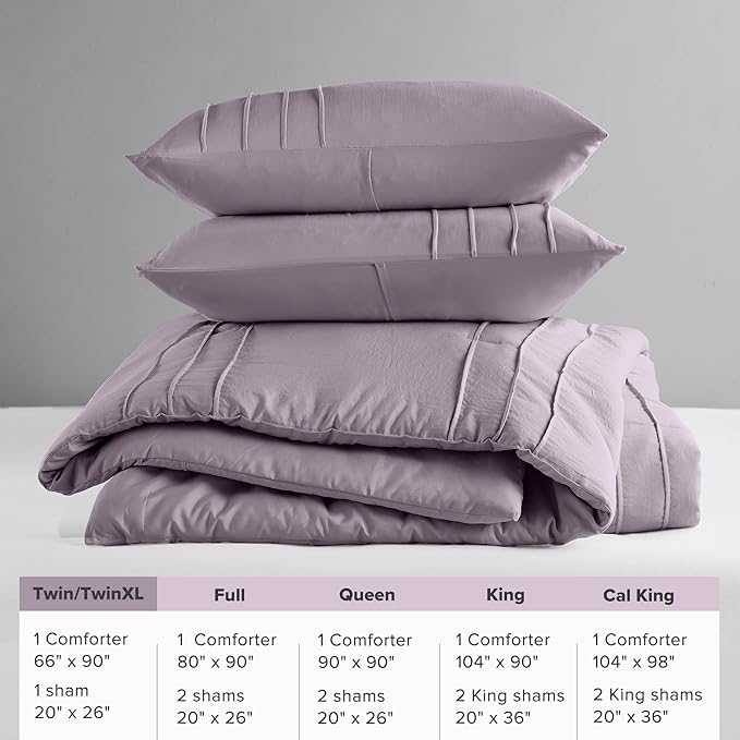 Comfort Spaces Purple Twin Size Comforter Set - 2 Pieces Pintuck Pleated Bedding Sets, All Season Lightweight, Extra Softness Pre-Washed Microfiber Bed Set, Shams