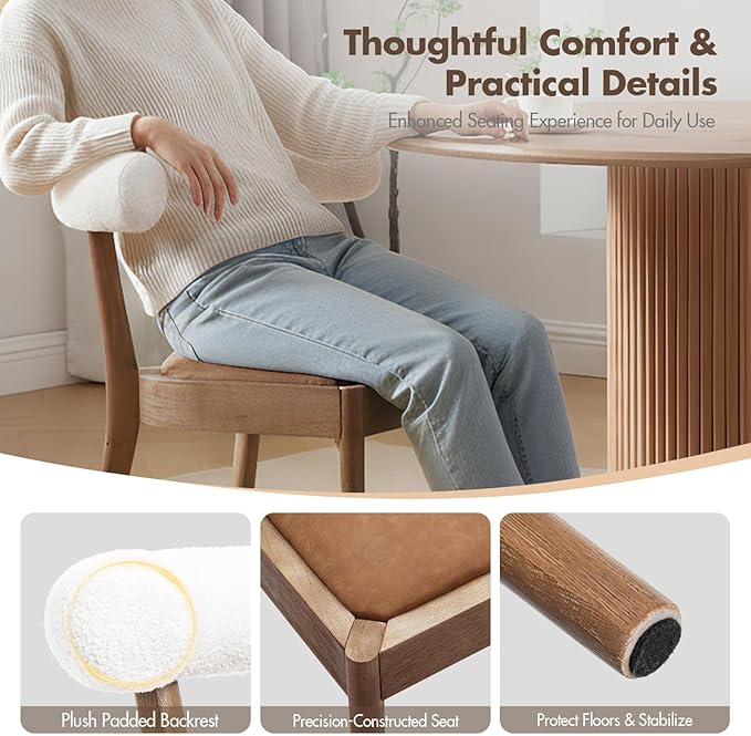 Kmax Dining Room Chairs, Mid-Century Modern Leather Kitchen Chairs with Natural Walnut Finished Frame, Fur White Curved Back, Set of 4, PU Brown