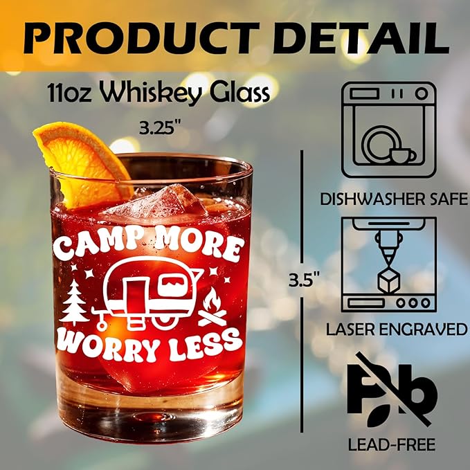Camping Lovers Gifts Old Fashioned Whiskey Glasses, Camper Gifts for Rv Owner, Camp More Worry Less 10 oz Rocks Barware Cup for Cocktail Drinks Scotch Bourbon Liquor